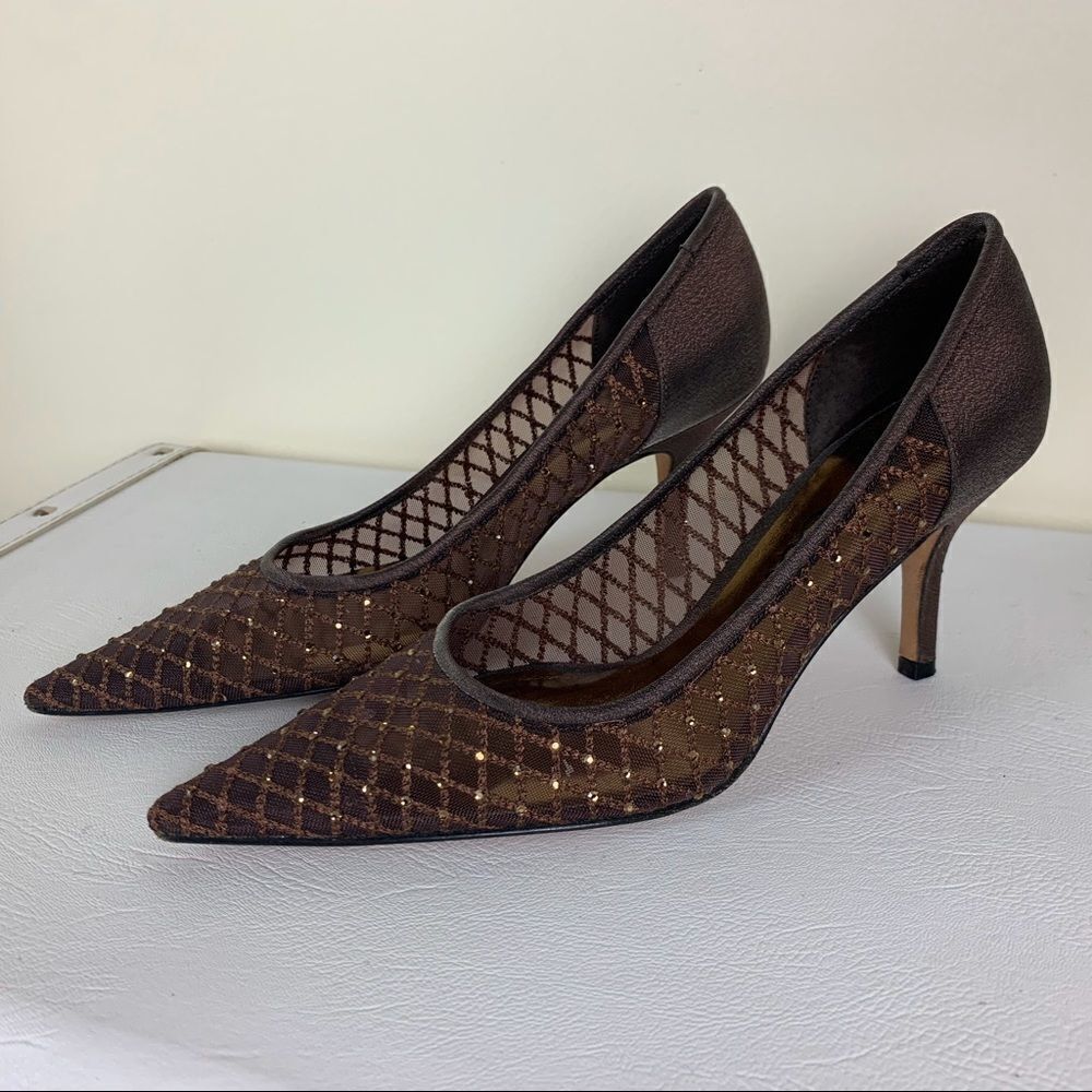 Nina Brown Sheer and Sparkle Pointed Toe Evening Heels Sz 5.5